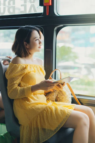 Beautiful Woman Using Tablet Sitting Bus — Stock Photo, Image