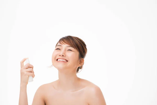 Beautiful Woman Face Spray On Face Lotion Cosmetology On White Background Isolation Fresh Health Stock Photo Beautiful Woman Face Spray On Face Lotion Cosmetology On White Background Isolation Fresh Health Stock Photo