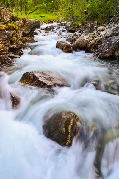 Blurry motions water of river. River along the Aurlandsfjellet mountains in Norway.