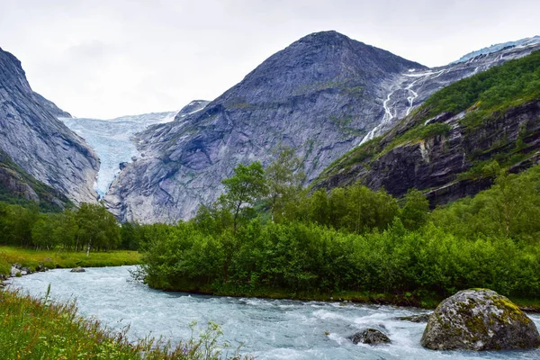 Waterfall River Which Located Path Briksdalsbreen Briksdal Glacier Melting Glacier — Stock Photo, Image