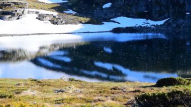 Birçok sivrisinek bir dağ gölünün üzerinde uçar. Yavaş çekim videosu. Göl, Aurlandsvegen (F243) adlı ulusal turist yolu yakınlarında yer almaktadır. Norveç.