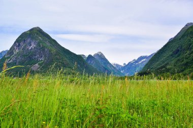 Jostedalsbreen Ulusal Parkı 'nın buzulları ve Fjaerland' deki Buzul Müzesi 'nin (Bremuseum) çevresindeki dağ manzarası. Sogn og Fjordane. Norveç. 