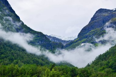 Jostedalsbreen Ulusal Parkı 'nın buzullarının bulunduğu güzel dağ manzarası. Norveç.