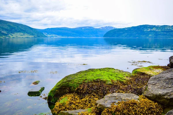 Bela Paisagem Innvikfjord Montanhas Com Belas Pedras Verdes Costa Aldeia — Fotografia de Stock