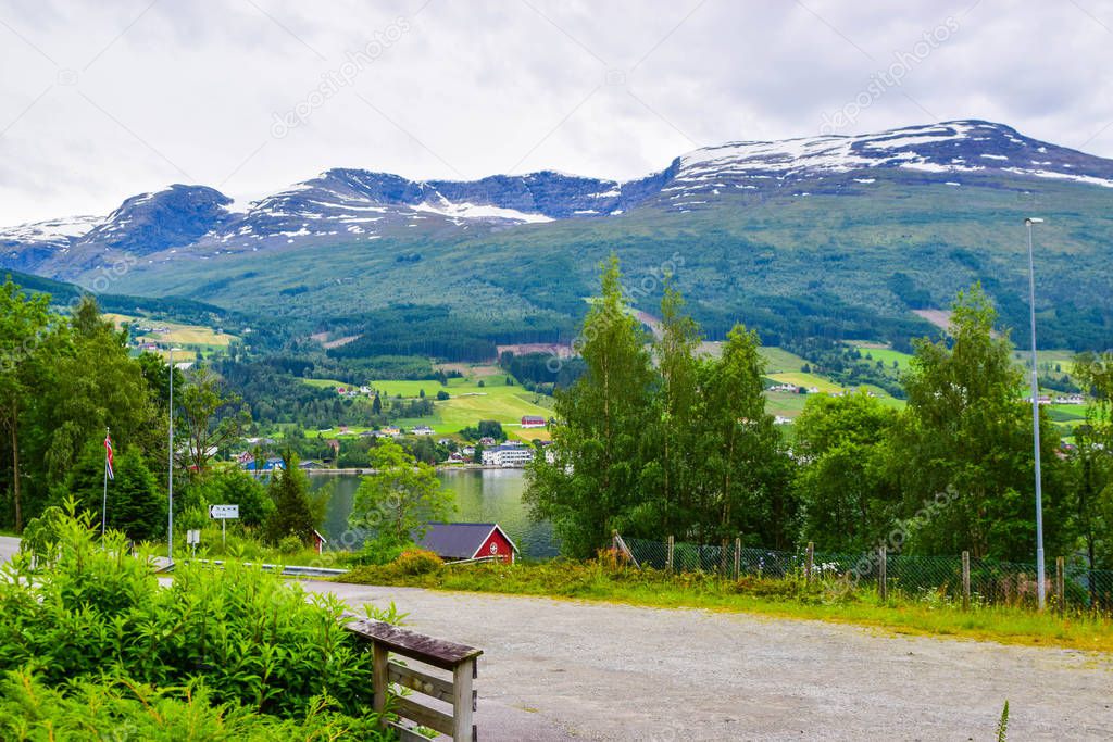 Beautiful Innvikfjord and mountains landscape from Innvik village. The Innvikfjord is a sub-fjord of Nordfjord in Stryn municipality in Sogn og Fjordane. Norway.