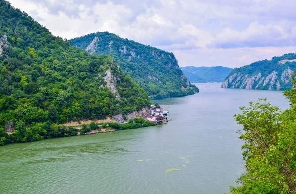 The Iron Gate or Djerdap Gorge - gorge on the Danube River in Djerdap National Park, Serbia and Romania border. This is the narrowest point of the largest and longest gorge in Europe. View from Serbia