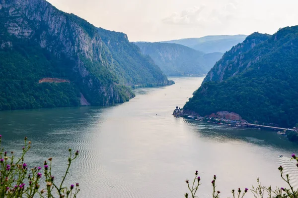 The Iron Gate or Djerdap Gorge - gorge on the Danube River in Djerdap National Park, Serbia and Romania border. This is the narrowest point of the largest and longest gorge in Europe. View from Serbia