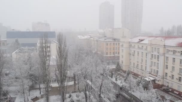 Απρόσμενη Χιονόπτωση Σαρώνει Την Πόλη Λευκό Χνουδωτό Χιόνι Καλύπτει Την — Αρχείο Βίντεο