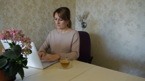 Young Woman Working Home Computer Leaving Home Remote Work Work — Stock Video