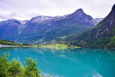 Dağlar arasındaki güzel Oldevatnet buzul gölü ve ön plandaki yeşil çayır manzarası. Jostedalsbreen Ulusal Parkı 'nın buzulları bu dağlarda bulunmaktadır. Norveç