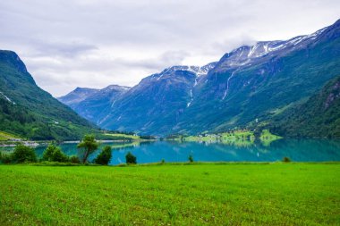 Dağlar arasındaki güzel Oldevatnet buzul gölü ve ön plandaki yeşil çayır manzarası. Jostedalsbreen Ulusal Parkı 'nın buzulları bu dağlarda bulunmaktadır. Norveç