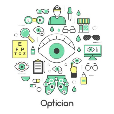 Optometri teknoloji ve gözlük ile gözlükçü ince çizgi vektör Icons Set
