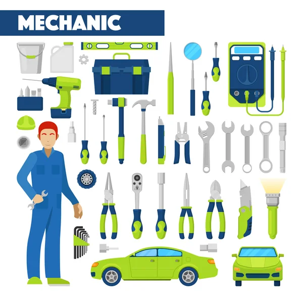 Icônes de mécanicien automobile de profession réglées avec des outils pour les réparations de voiture. Illustration vectorielle — Image vectorielle