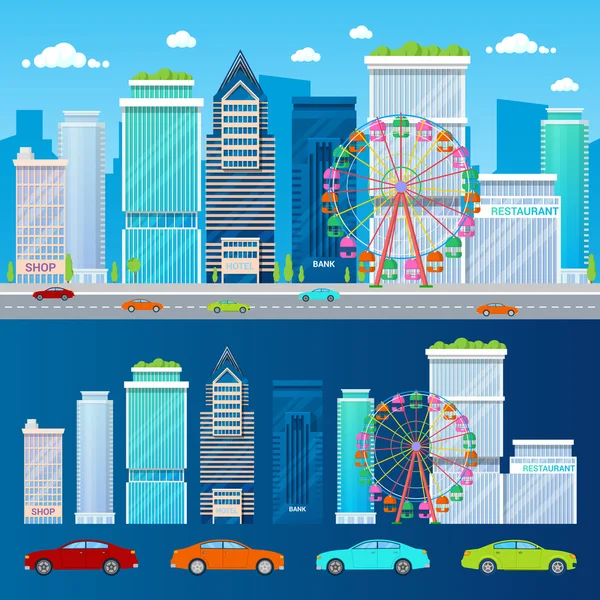 Paysage urbain moderne avec gratte-ciel Grande roue et voitures. Fond vectoriel — Image vectorielle
