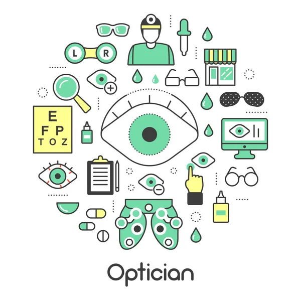 Látszerész vékony vonal vektoros ikonok beállítása optometriai technológia és a szemüvegek — Stock Vector