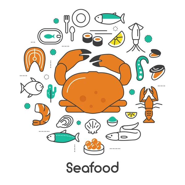 Seafood Thin Line Vector Icons Set with Fish, Shrimp and Crab — Stock Vector