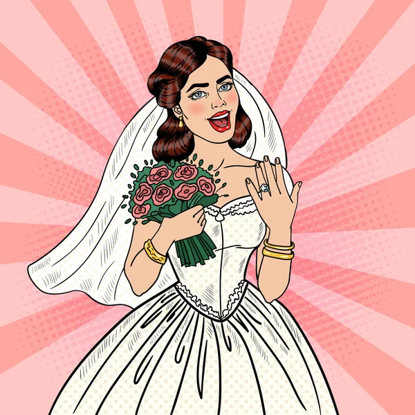 Поп-арт Счастливая невеста с цветочным букетом, показывающим обручальное кольцо. Векторная иллюстрация — стоковый вектор