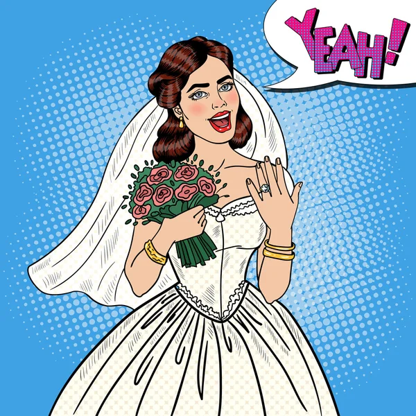 Pop Art ευτυχισμένος νύφη με λουλούδια ανθοδέσμη δείχνοντας δαχτυλίδι γάμου. Απεικόνιση διανυσματικών φορέων — Διανυσματικό Αρχείο