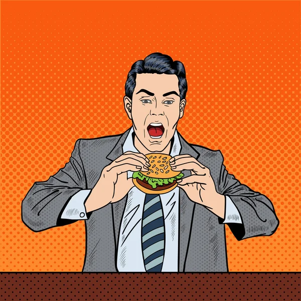 Pop Art Business Man Eating Tasty Burger at Work. Vector illustration — Stock Vector