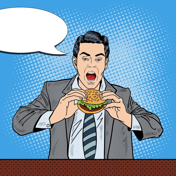 Pop Art Business man eten smakelijke Hamburger op het werk. Vector illustratie — Stockvector