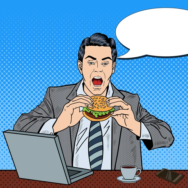 Pop Art Business Man Eating Tasty Burger at Work. Ilustración vectorial — Archivo Imágenes Vectoriales