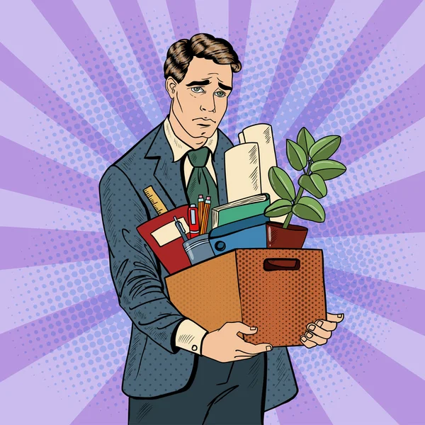 Ontslagen gefrustreerde popart zakenman met doos van persoonlijke items. Vector illustratie — Stockvector