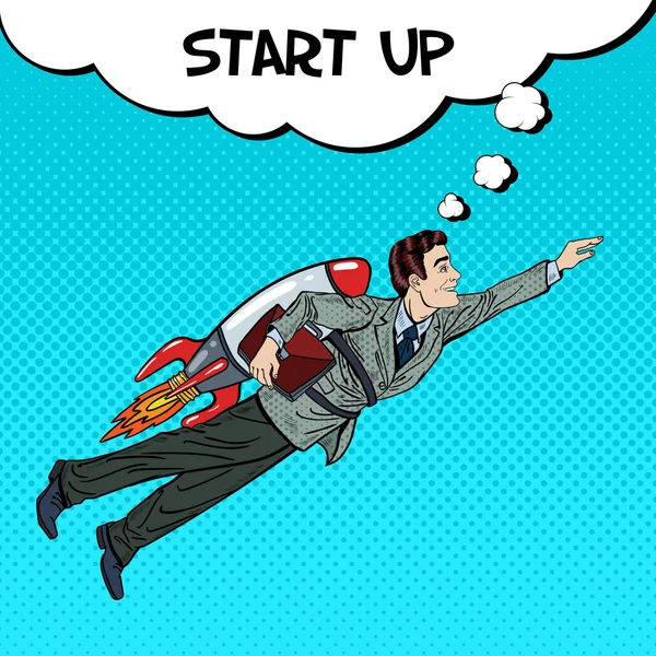 Pop Art Businessman Flying on Rocket. Business Start Up. Vector illustration — Stock Vector