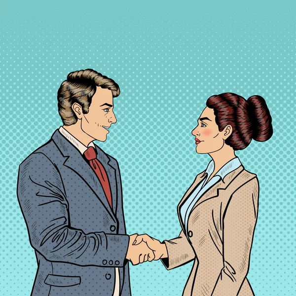 Zakelijke overeenkomst partnerschap. Popart zakenman en zakelijke vrouw Handshake. Vectorillustratie — Stockvector