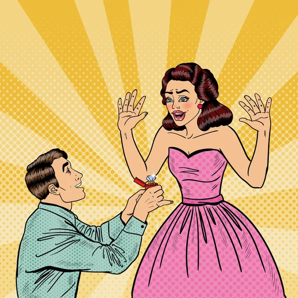Pop Art Man haciendo propuesta de matrimonio a su novia con anillo de bodas. Ilustración vectorial — Vector de stock