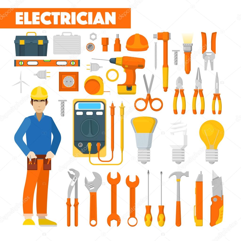 Profession Electrician Icons Set with Voltmeter and Tools. Vector illustration