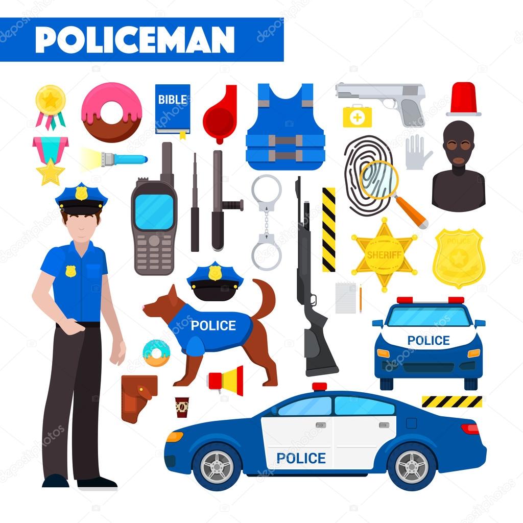 Profession Policeman Vector Icons Set with Police Car and Handcuffs