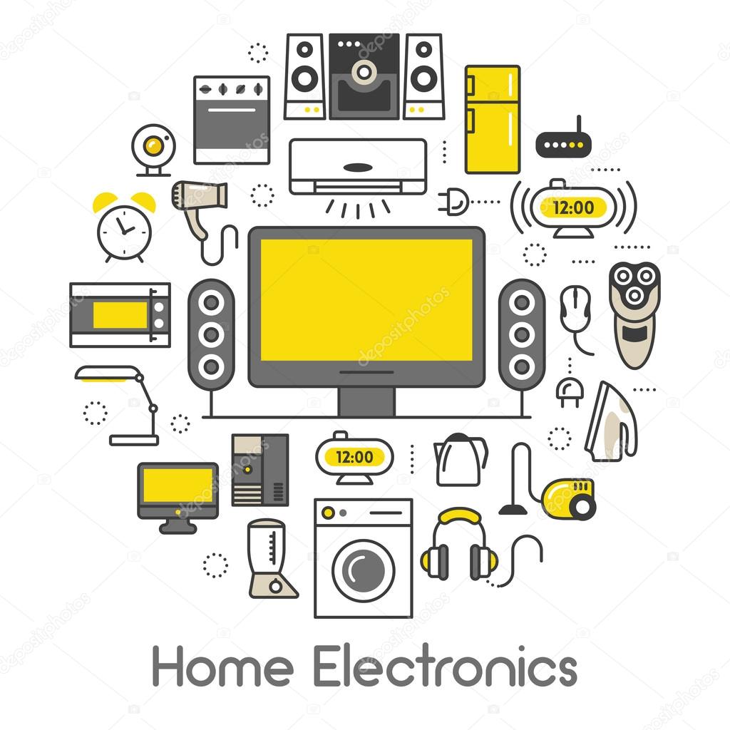 Ensemble D'appareils Ménagers, Appareils Électroniques, Gadgets Et Matériel  Informatique. Ensemble D'aspirateur, Ordinateur Portable, Fer À Repasser,  Ventilateur, Radio, Caméra Et Autres. Illustration Vectorielle Isolée Sur  Fond Blanc. Clip Art Libres