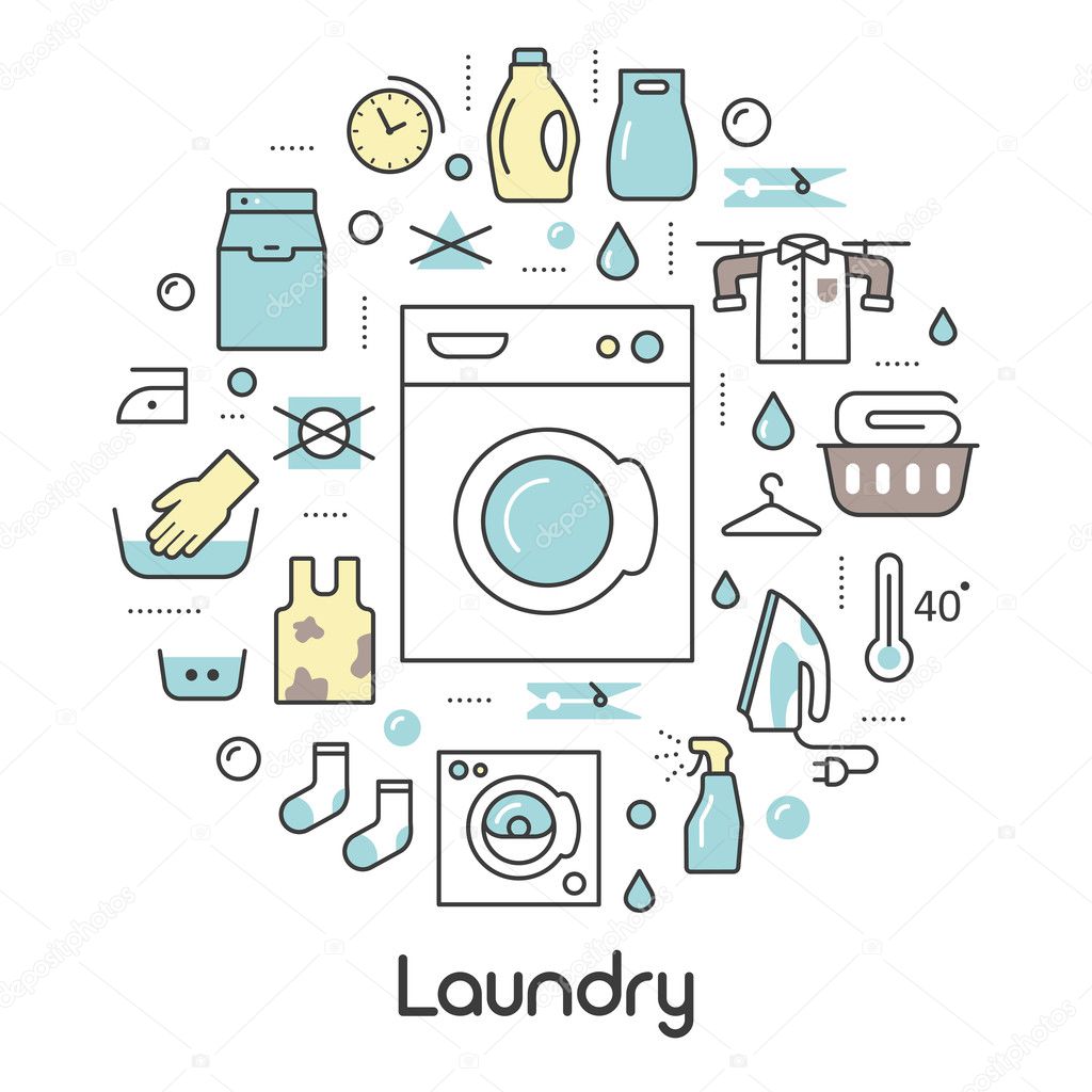 Laundry Service Thin Line Icons Set with Laundrette Elements
