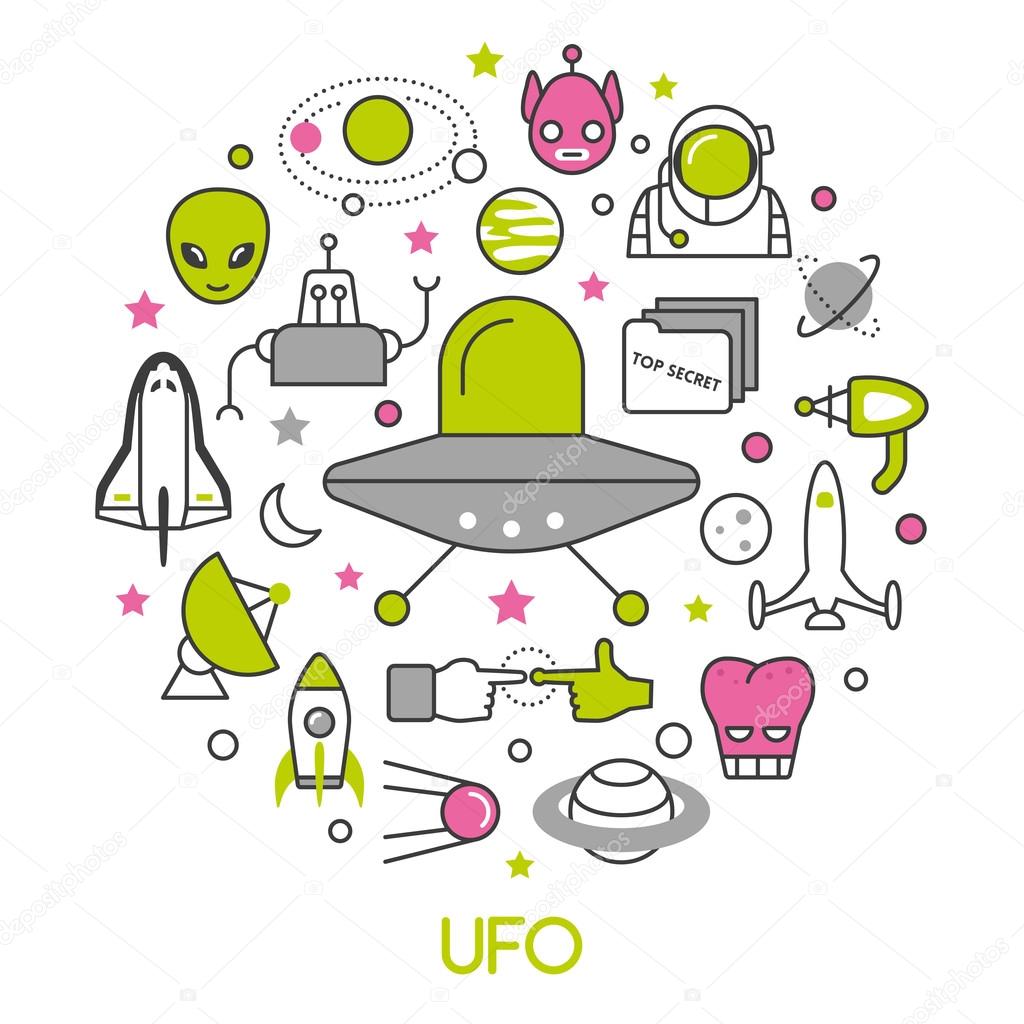 UFO and Space Thin Line Vector Icons Set with Aliens and Flying Saucer