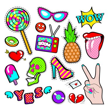 Fashion Badges, Patches, Stickers set with Girls Elements - Lips, Heart, Sweets, Speech Bubble and Ice Cream in Pop Art Comic Style. Vector illustration clipart
