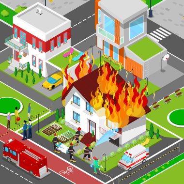 İtfaiyeciler Ev Isometric City bir Yangın Söndürmek. İtfaiyeci Yaralı Kadına Yardım Ediyor. Vektör 3d Düz illüstrasyon