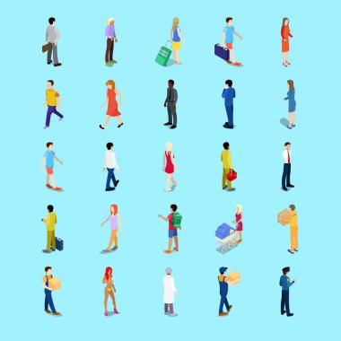 İyometrik Kişiler Koleksiyonu. İşadamı, Turist, Bebek Arabası yla Anne, Yürüyen İnsanlar. Vektör 3d düz illüstrasyon