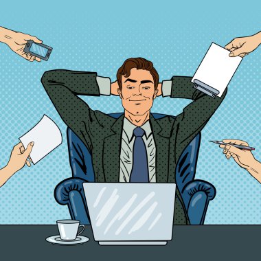 Multi Tasking Office Work Dizüstü ile Pop Art Mutlu İşadamı. Vektör çizimi