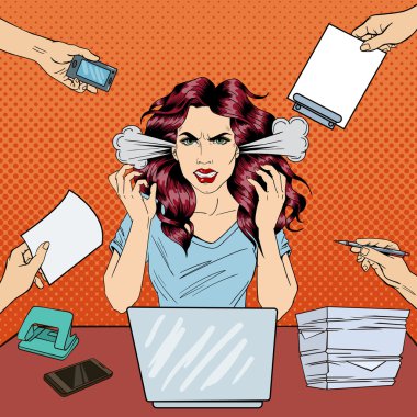 Pop Art Screaming Angry Business Woman Ile Laptop Ofis İş. Vektör çizimi