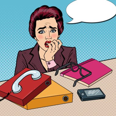 Pop sanat gergin iş kadın parmaklarını ofis işleri görev çok ısırma. Vektör çizim