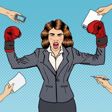 Pop sanat iş kadını, ofis işleri görev Multi boks eldiven. Vektör çizim