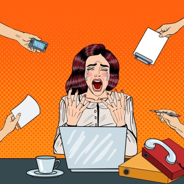 Pop Art ağlayarak iş kadın ofis işleri görev çok çığlığı vurguladı. Vektör çizim