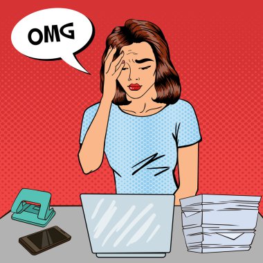 Pop Art iş kadını Office Multi Tasking iş yerinde bir baş ağrısı vardır. Vektör çizim