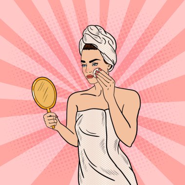 Pop Art güzel kadın kaldırma makyaj dan banyo yüzüne. Vektör çizim