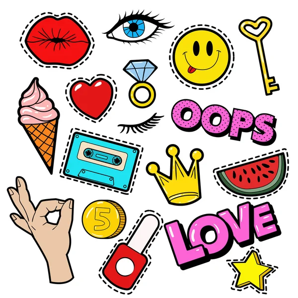 Fashion Badges Set with Patches, Stickers, Lips, Heart, Star, Hand in Pop Art Comic Style. Vector illustration — Stock Vector