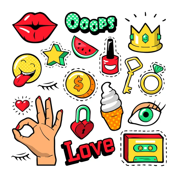 Set de insignias de moda con parches, pegatinas, labios, corazón, estrella, mano en el estilo de cómic de arte pop. Ilustración vectorial — Archivo Imágenes Vectoriales