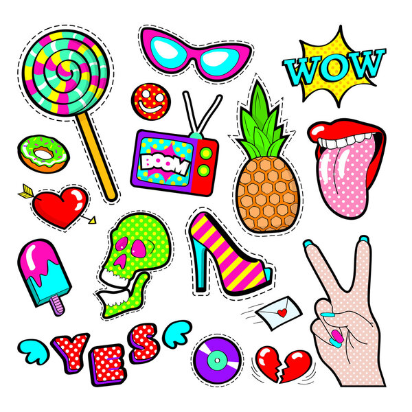 Fashion Badges, Patches, Stickers set with Girls Elements - Lips, Heart, Sweets, Speech Bubble and Ice Cream in Pop Art Comic Style. Vector illustration