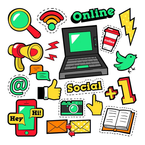 Distintivi di moda, patch, adesivi impostati con elementi di social network laptop, megafono, smartphone, e-mail in stile Pop Art Comic. Illustrazione vettoriale — Vettoriale Stock