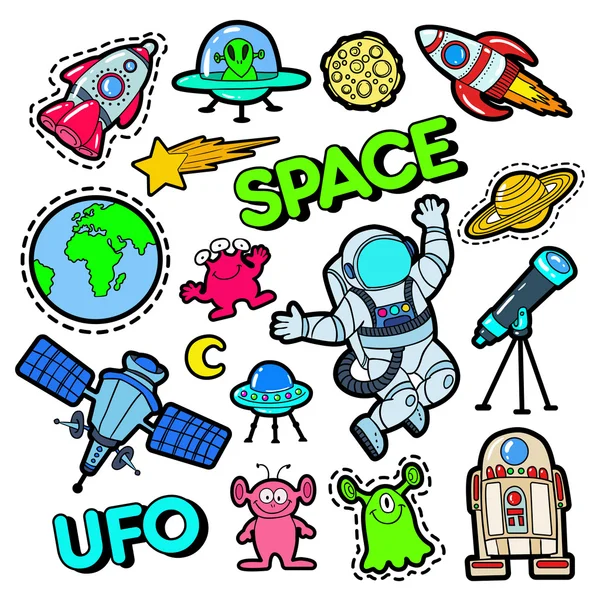 Fashion badges, patches, stickers set met ruimte, UFO, robots en grappige Aliens in popart komische stijl. Vector illustratie — Stockvector