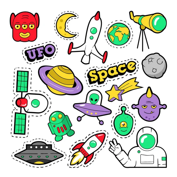 Emblemas de moda, remendos, adesivos definidos com espaço, UFO, robôs e alienígenas engraçados no estilo Pop Art Comic. Ilustração vetorial — Vetor de Stock